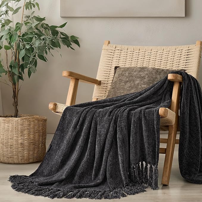 Chenille Knit Throw Blanket for Couch, 50"x60", Iron Black | Cozy Plush Fuzzy Knittd Throw with Tassels, Lightweight, Decorative, Farmhouse Decor, Ideal for Bed Sofa Gift, All Seasons