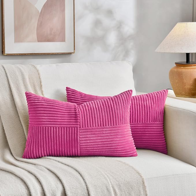 Fancy Homi Hot Pink Lumbar Decorative Throw Pillow Covers 12x20 Inch for Living Room Couch Bed Sofa, Rustic Farmhouse Boho Home Decor, Soft Striped Corduroy Rectangle Accent Cushion Case
