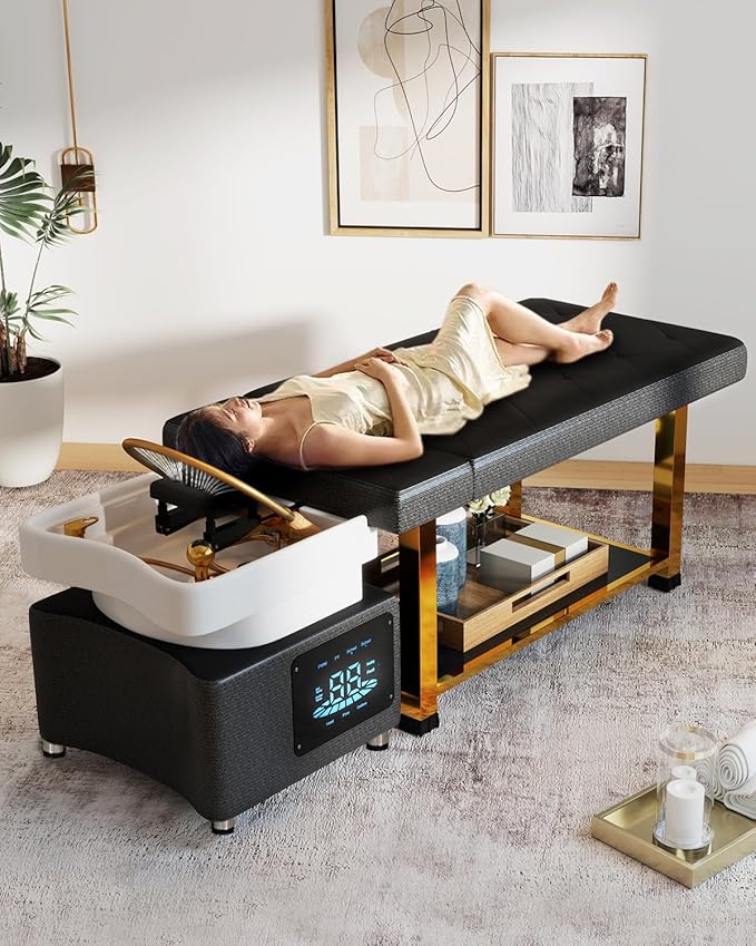Artist hand Head Spa Bed, Hair Washing, Shampoo Massage Bed with Water Cycle Salon Equipment for Beauty Head Spa, Constant Temperature System(Gold)