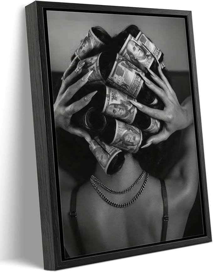 Framed Black and White Fashion Canvas Wall Art Luxury Feminist Picture Wall Decor Trendy Woman with Money on Head Poster Print for Girls Bedroom Apartment Dorm Bar Cart Home Decoration 12x16in