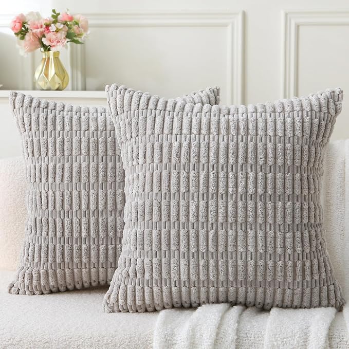 2 Pack Corduroy Decorative Throw Pillow with Inserts, 18x18 Inch Soft Boho Throw Pillow, Square Striped Throw Pillows for Couch, Bed, Sofa Decor (Light Gray)