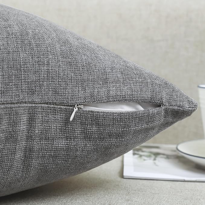 Pack of 2 Decorative Chenille Throw Pillow Covers, 24x24, Grey | Square Soft Cozy Concise Pillow Covers Modern Farmhouse Couch Cushion Cases for Sofa Bed Living Room Home Decor