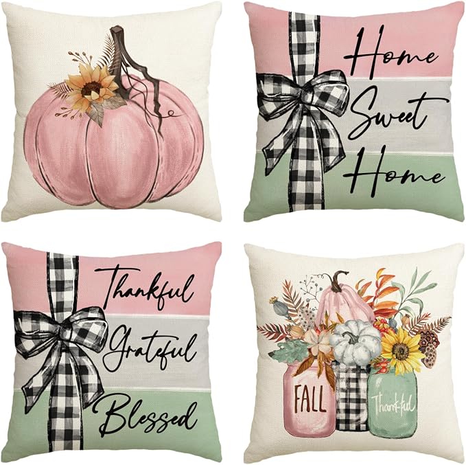 AVOIN colorlife Fall Pumpkin Home Sweet Home Throw Pillow Covers, 18 x 18 Inch Autumn Thankful Grateful Blessed Harvest Floral Pink Decorations for Sofa Couch Set of 4