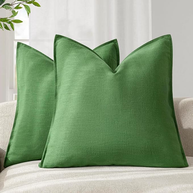 Foindtower Pack of 2, Decorative Linen Solid Throw Pillow Covers Soft Accent Euro Cushion Case Boho Farmhouse Pillowcase for Chair Couch Sofa Bedroom Living Room Home Decor 22 x 22 Inch Forest Green