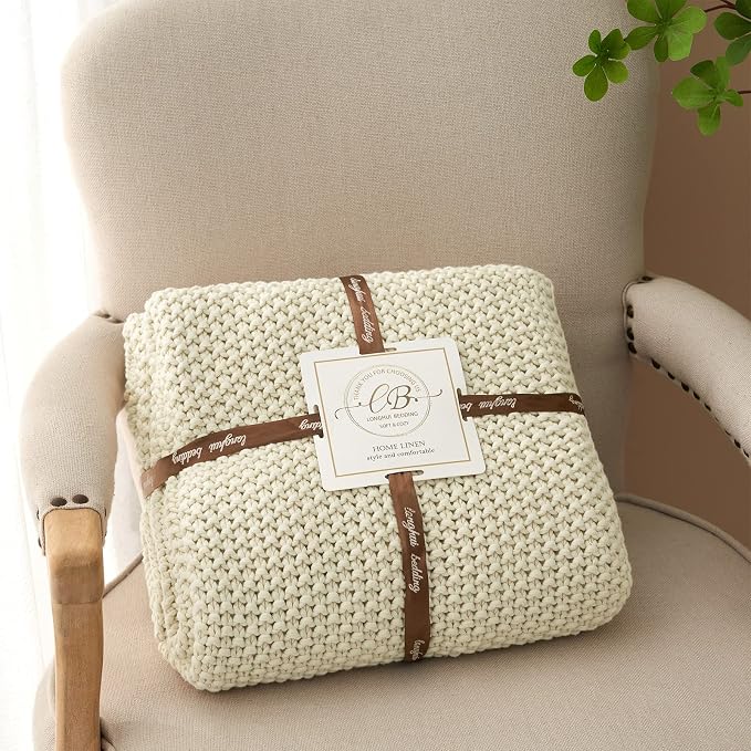 Chunky Cable Knit Throw Blanket Lightweight Cream 100% Organic Cotton Blanket for Sofa Couch Bed Baby Nursery, Rustic Shabby Chic Modern Farmhouse, 51” x 63” Give Laundering Bag