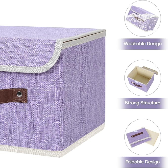 ANMINY Fabric Storage Box Bins with Lids, Purple, 10"x8"x7", 2 Pack | Keepsake Memory Storage, Cotton Linen, PP Board Reinforced, Washable, PU Handles, Foldable & Stackable, Decorative, Small