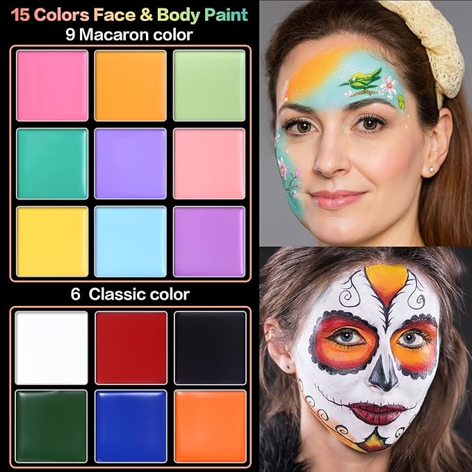 UCANBE Macaron Face Body Paint Set, 15 Colors Painting Palette Makeup Kit + 10pc Colorful Artist Brushes, Oil Base Paint Set for Halloween, Cosplay, Parties and SFX Costume