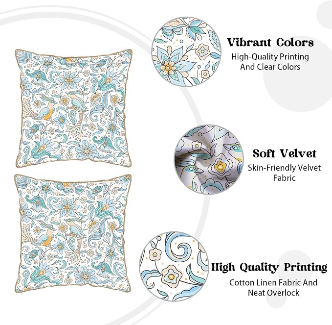 KSLIDS Vintage Floral Soft Velvet Throw Pillow Covers Set of 2 Blue Yellow Flower Birds Decorative Pillow Covers 18x18 Inch Chinoiserie Country Pillow Case for Sofa Couch Bedroom Farmhouse Home Decor