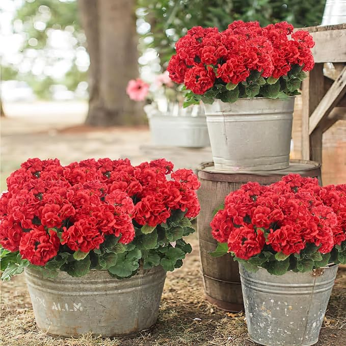CISDUEO 4 Pcs Artificial Geraniums for Outdoors Silk Flowers Outside Red | Faux Flowers Geraniums for Outdoor Planter Floral Home Decor Indoor Garden Patio Grave Cemetary Vase Table Centerpiece