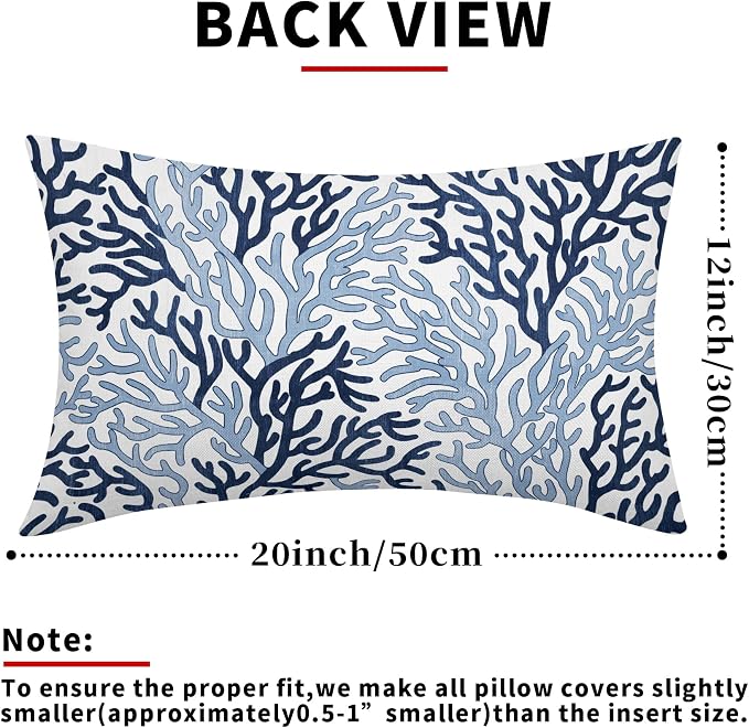 Summer Coastal Coral Lumbar Pillow Covers 12x20 Inch Set of 2 Nautical Blue Whtie Ocean Themed Beach Pillow Cases Outdoor Linen Square Cushion Cover Farmhouse Decor for Bedroom Home Sofa Couch