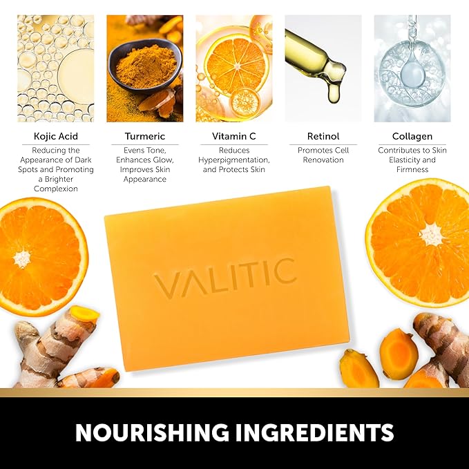 VALITIC 2 Pack Kojic Acid Dark Spot Corrector Soap Bars with Vitamin C, Retinol, Collagen, Turmeric - Original Japanese Complex - Hyaluronic Acid Bundle with 2 Black Exfoliating Gloves for Body Scrub