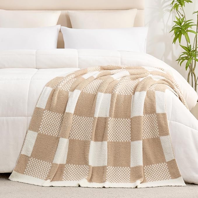 Snuggle Sac Checkered Blanket, Beige Throw Blanket for Couch Plaid Microfiber Fluffy Warm Cozy Soft Oversized Throw XL Reversible Checkered Blankets for Sofa, Chair, Bed, 50x70 inches