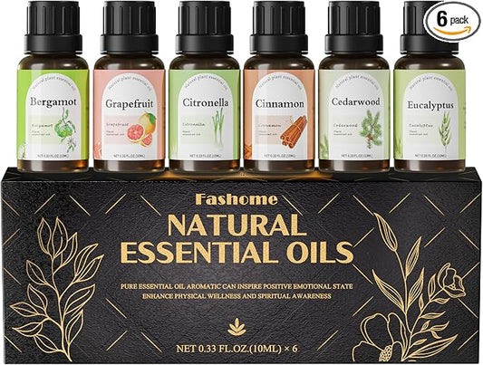 Essential Oils Set for Diffusers, 6 x 10ml Aromatherapy Oils for Home | Natural Fragrance Oils for Bedroom | Cedarwood, Cinnamon, Eucalyptus, Bergamot, Grapefruit & Citronella | DIY Candle & Soap