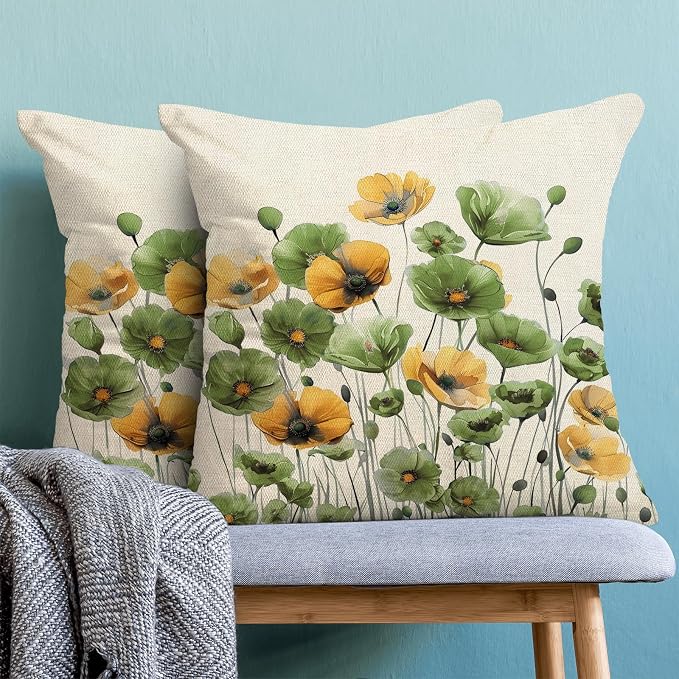 Spring Floral Pillow Covers 18x18 Set of 2 Yellow Green Flower Decorative Throw Pillow Cover Decoration Summer Seasonal Pillowcase Farmhouse Decorative Cushion Cover For Home Sofa Outdoor Decor