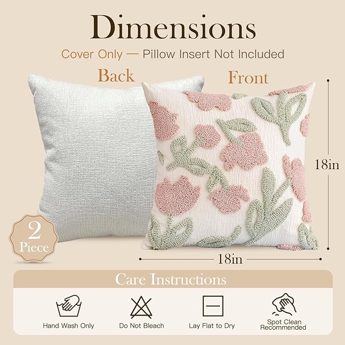 Premium Chenille Embroidered Throw Pillow Covers 18x18 Set of 2, Thick 3D Tufted Pink Floral Decorative Cushion Covers with Hidden Zipper for Couch Sofa Bed Living Room Boho Home Decor