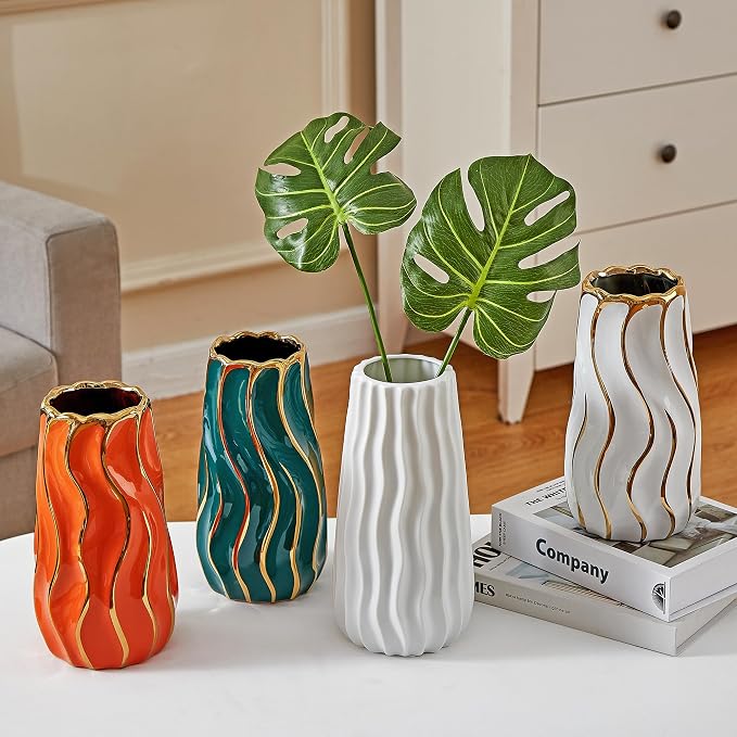 Ceramic Vase, Green Vase for Home Decor,Decorative Flower Vase, Vertical Stripe Ceramic Vases for Home Décor, Bedroom, Office, Living Room, Bathroom, Tabletop Decor, Centerpiece (Green)