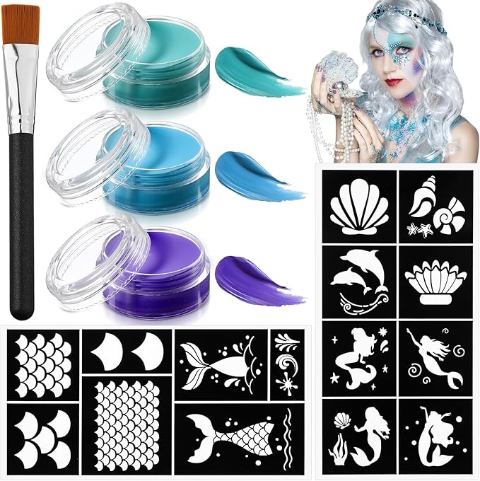 Thenshop 34 Pcs Mermaid Face Painting Kit Include Brush, 30 Sheet Mermaid Scale Stencil Reusable Stencil Stickers 3 Pcs Paints Face Body Paint Set for Halloween Birthdays Party Makeup Mermaid Cosplay