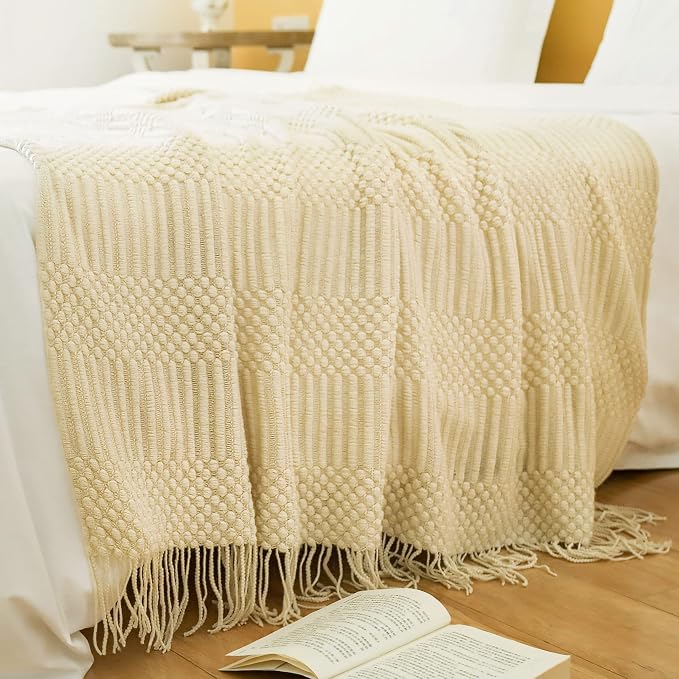 Blagic Soft Knitted Throw Blanket for Couch and Bed,Off White,50"x60" | Lightweight and Cozy,Farmhouse Boho Blanket with Tassel,Decorative for Living Room,Gifts for Adults,All Season Use