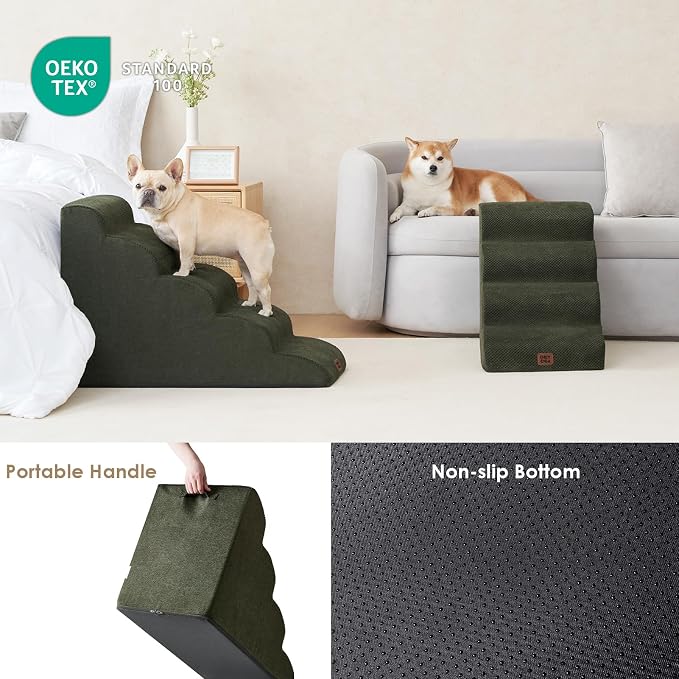 EHEYCIGA Curved Dog Stairs Ramp, 4-Step High Beds, 19.7" H Pet Step | 33D density of pure foam, for Small Dogs and Cats, Pet Stairs for High Bed Climbing, Non-Slip Balanced Indoor, Military Green