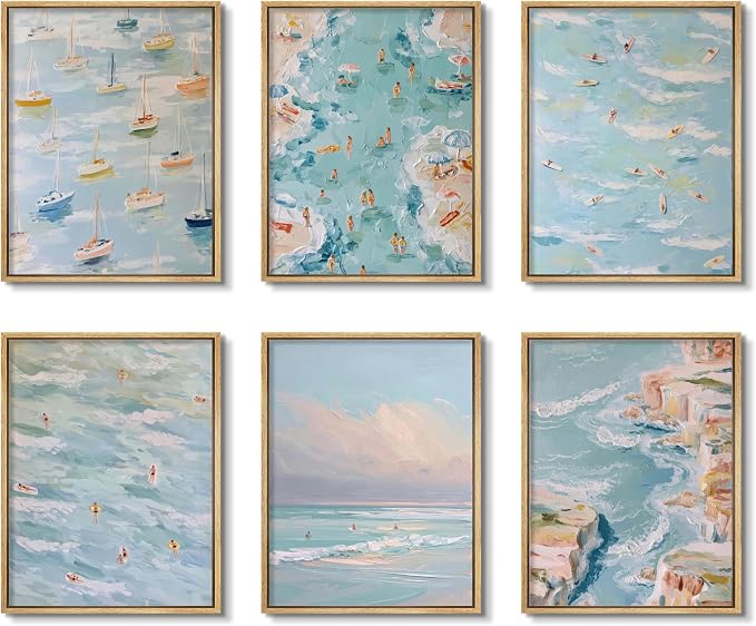 Coastal Beach Canvas Wall Art Set of 6, Abstract Ocean Sailing Boats and Surfboard Posters Wall Decor, Aesthetic Seaside Landscape Artwork Posters Prints for Living Room Bedroom 12x16 Inch Unframed12x16 Inch