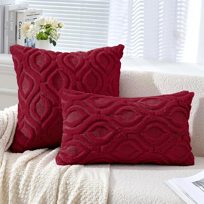 MIULEE Christmas Wine Red Plush Faux Wool Lumbar Throw Pillow Covers 12x20 | Set of 2, Farmhouse Boho Home Decor, Decorative Cushion Covers for Sofa, Living Room, Bed