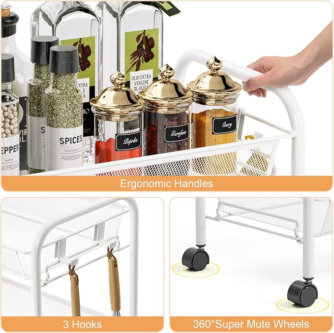 TOOLF 4 Tier Rolling Cart, Metal Utility Storage Cart with Wheels, White | 3 Hooks, Screwless Assembly, Trolley Organizer for Bathroom, Kitchen, Office, Nursery, Dorm, Laundry Room