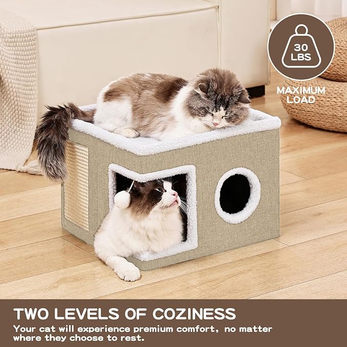 Large Cat Houses for Indoor Cats with Fluffy Ball and Scratch Pad | Foldable Cat Bed Cave for Multiple Pets, Kitten Bed for All Seasons, Non-slip, Hold Up to 30LBS, 16x16x13inch, Khaki
