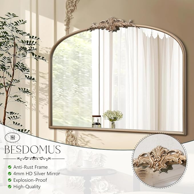 Besdomus Vintage Arched Gold Mirror: 40"x29" Large Champagne Decorative | Antique Baroque Metal Frame Mirrors - Traditional Ornate for Entryway/Dresser/Fireplace/Bathroom - Ideal for Home Renovations
