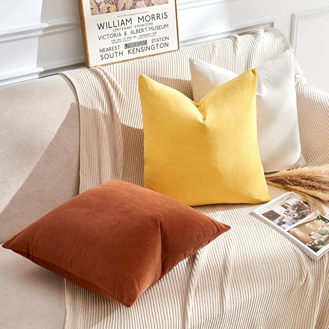 Throw Pillow Covers Yellow Set of 2 22x22 Inch Pillow Covers, Soft Velvet Fall Decorative Cases for Couch Sofa Bed, Home Boho Decor, Modern Farmhouse Cushion Covers