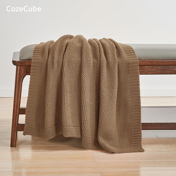 CozeCube Caramel Brown Seed Stitch Throw Blanket 50"x60", Farmhouse Decor | Blanket for Couch, Soft Cozy Cable Knit Throw for Bed Sofa Living Room, Lightweight Warm Decorative Christmas Blanket