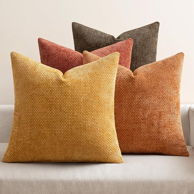 MIULEE Decorative Chenille Fall Pillow Covers Orange Brown 18x18 Pack of 4 | Rustic Decor, Autumn Harvest Orange Collection, Couch Throw Pillows, Farmhouse Boho Cushion Covers for Sofa Bed Living Room