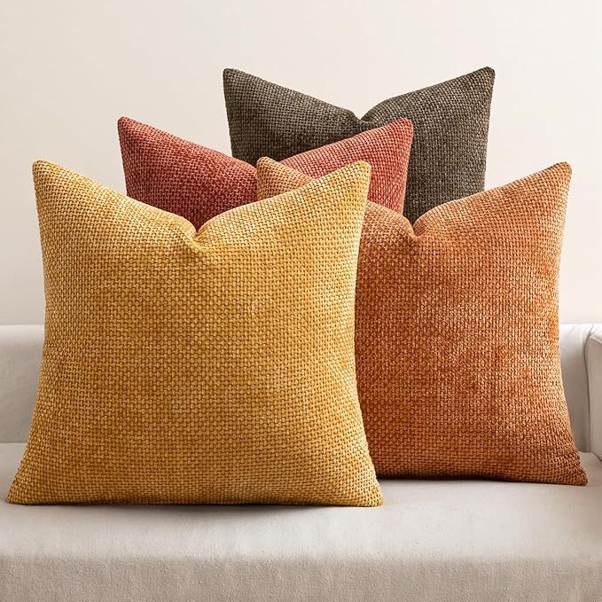 MIULEE Decorative Chenille Fall Pillow Covers Orange Brown 20x20 Pack of 4 | Rustic Decor, Autumn Harvest Orange Collection, Couch Throw Pillows, Farmhouse Boho Cushion Covers for Sofa Bed Living Room