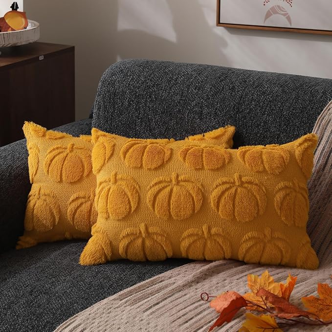 DFXSZ Fall Pillow Covers 12x20 2Pcs Yellow Pumpkin Fall Decoration for Home | Fall decor Set of 2 Throw Pillow Cases Soft Plush Faux Fur Wool Couch Cushion for Chair Sofa Bedroom Living Room Home Decor