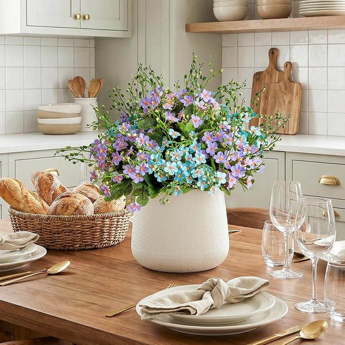 RM ROOMERS Artificial Flowers Plants for Outdoors, Fake Flowers Blue&Purple | Forget-me-not UV Resistant Faux Flower for Garden Porch Windowbox Front Door Yard Table, No Fade Home Vase Decor (4 Bundles)