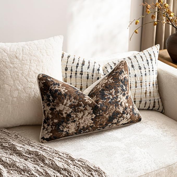 Pack of 2 Vintage Floral Pillow Covers 12x20 Boho Farmhouse Accents Chenille Rectangular Lumbar Decorative Throw Pillow Cases for Living Room Couch Bed Home Decor, Dark Brown