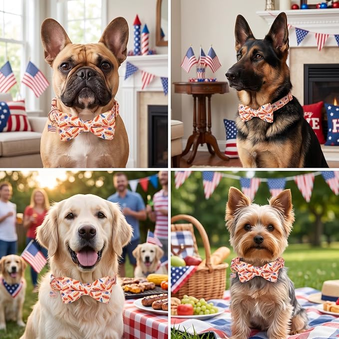 ADOGGYGO 4th of July Dog Collar with Bow Tie, Detachable Patriotic Hot Dog Print Bowtie, Adjustable American Flag Collar for Extra Large Dogs (XL)