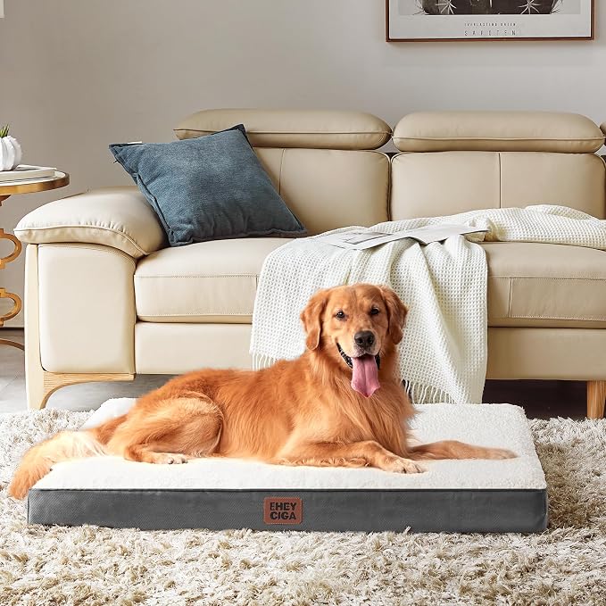 EHEYCIGA Orthopedic Dog Bed Large with Removable Washable Cover, 47IN Beige | Egg Crate Foam Support, Durable Oxford fabric, Non-Slip Bottom, Machine Washable, Soft Waterproof Plush Pet Bed Mat For Crate