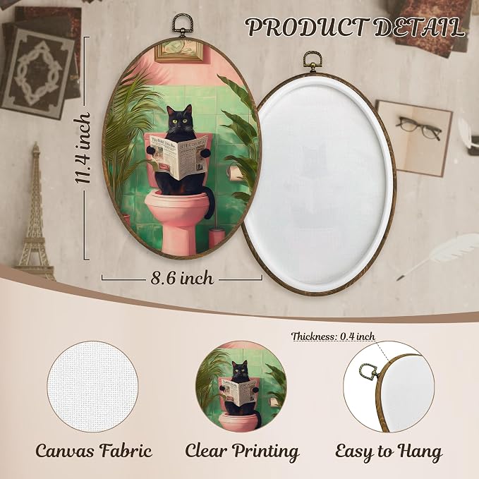 LKETW Funny Black Cat Bathroom Oval Wall Art Decor, Tropical Black Kitty Reading on Toilet Oval Canvas Hanging Decor, Funny Cat Wall Decorations for Bathroom Washroom Toilet, 8.6x11.4 Inch blackcat