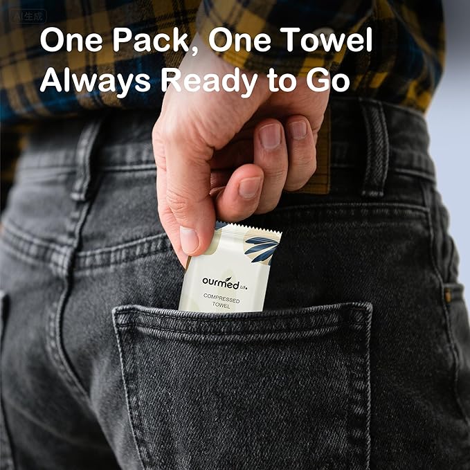 Ourmed Life Compressed Towel Tablets – Portable, Individually Wrapped Disposable Face Towels, Quickly Expand with Water, Soft & Lint-Free, 12‘’x10‘’ for Travel, Camping, Hiking, Backpacking (112 Ct)