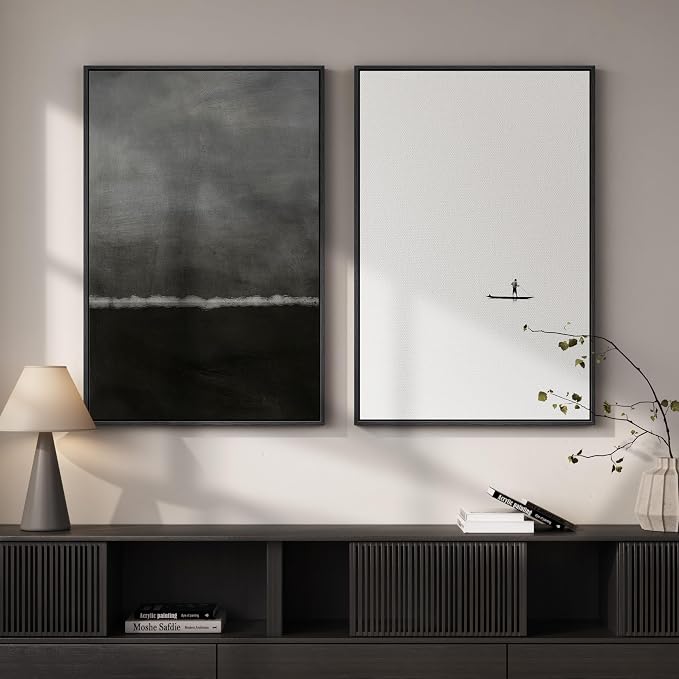 Large Framed Black and White Abstract Wall Art for Living Room, Set of 2 Modern Minimalist Canvas Prints Artwork for Walls, Seascape Pictures for Bedroom Dining Room Hallway Office Wall Decor 24x36 In