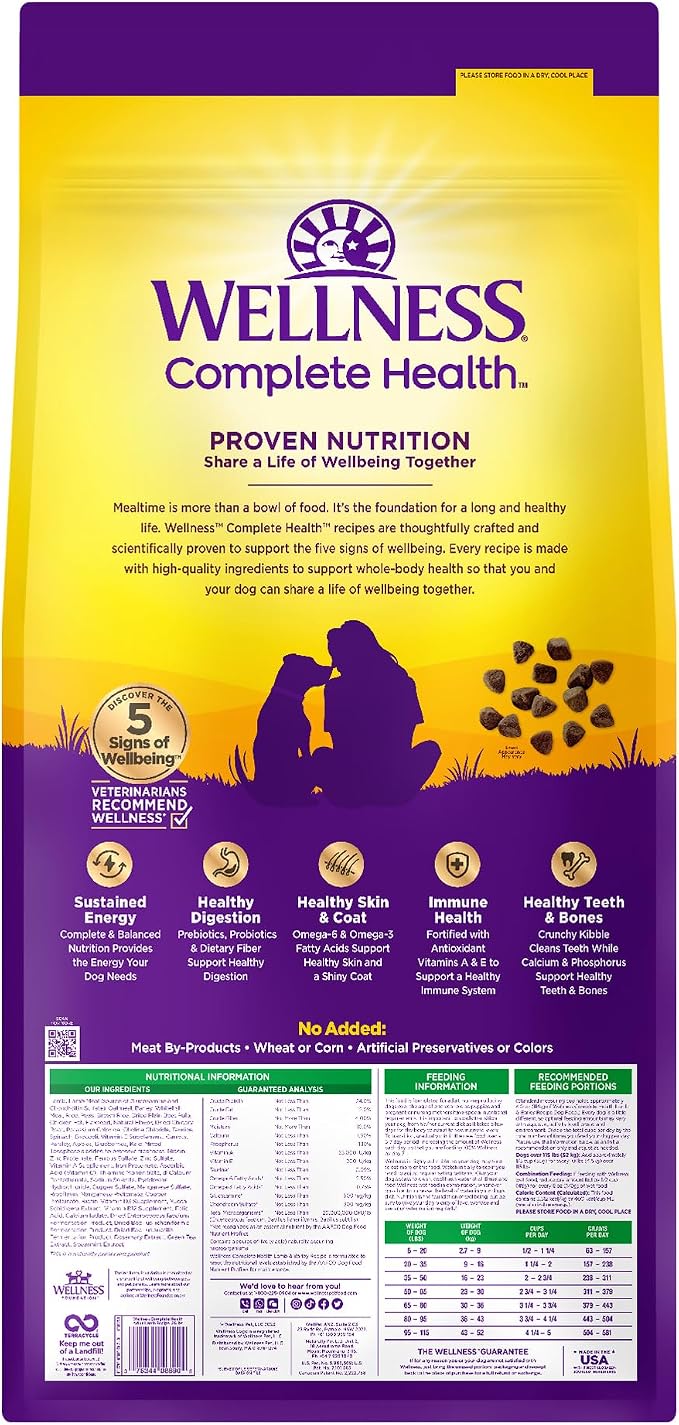 Wellness Complete Health Adult Dry Dog Food, Wholesome Grain Kibble, Natural, Lamb and Barley Recipe, 26 lb Bag