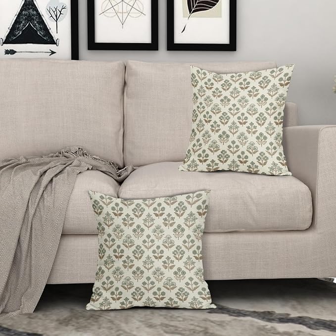 Brown Green Floral Block Print Pillow Covers 20x20 Inch Set of 2, Vintage Flower Pattern Decorative Throw Pillowcases Outdoor Farmhouse Cushion Covers Spring Summer Rustic Sofa Couch Bed Decor