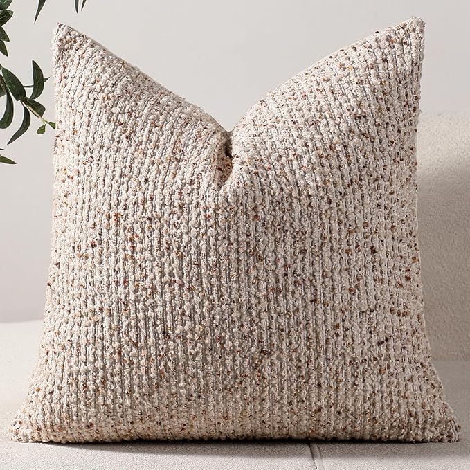 26x26 Beige Euro Sham Pillow Cover Striped Textured Boucle Chic Morden Boho Accent Farmhouse Square Decorative Couch Throw Pillow Cover for Home Decor Bed Sofa Living Room