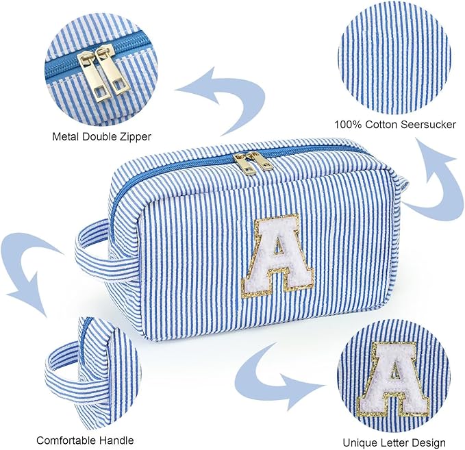YOOLIFE Initial Makeup Bag for Teen Girls Women - Monogram Cute Large Blue Makeup Bags Cosmetic Toiletry Pouch for Her Friends Mom Sister Teacher, Personalized Birthday Gifts for Women R