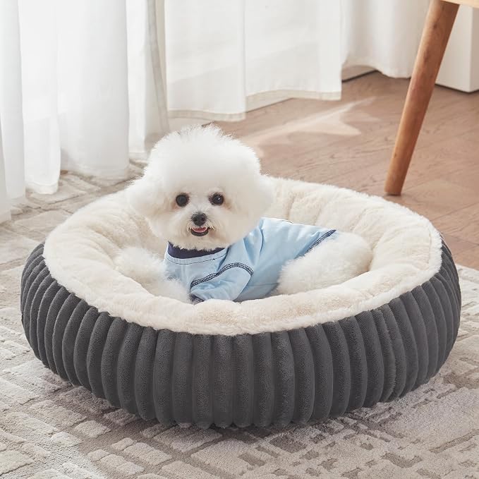 23 inches Calming Donut Dog Bed for Small Dogs,Charcoal | Round Puppy Pet Bed with Removable&Washable Cover,Milk Plush Faux Fur, Fits Pets up to 15 lbs
