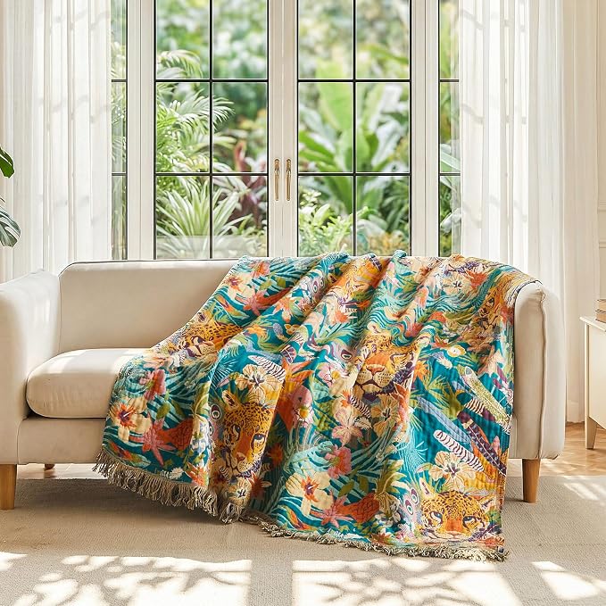 LUTBM Boho Throw Blanket for Bed 60"x80", All Season Cotton Couch Blankets | Reversible Leopard Jacquard, Gauze Twin Quilt, For Chair Sofa Living Room, Lightweight & Breathable, Whimsical Home Decor