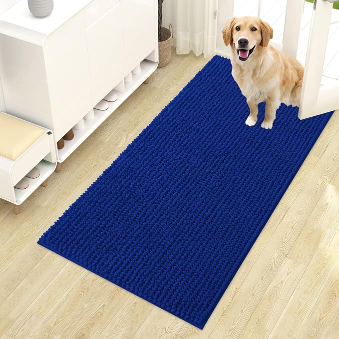 OLANLY Dog Door Mat for Muddy Paws 44x24, Extra Absorbent Chenille Mud Mat | Royal Blue, Absorbs Moisture and Dirt, Non-Slip Machine Washable Doormat, Quick-Drying Indoor Entryway Floor Mat for Dogs