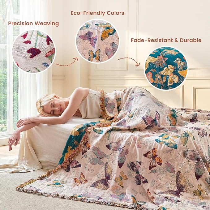 MSGKV Boho Throw Cotton Butterfly Blanket 60"x80" for Couch Sofa Decor | Muslin Blanket, Twin Size, Summer Breathable, All Seasons, Lightweight, Travel Friendly, Farmhouse Decor, Machine Washable