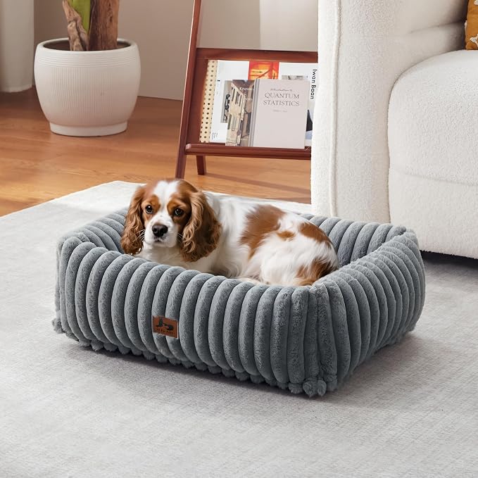 Washable Dog Bed Small Medium Size Dog, Rectangle Orthopedic Pet Bed for Car and Indoor,Fluffy Memory Foam Dog Beds with Anti-Slip Bottom, Grey (25x21x7 inches)