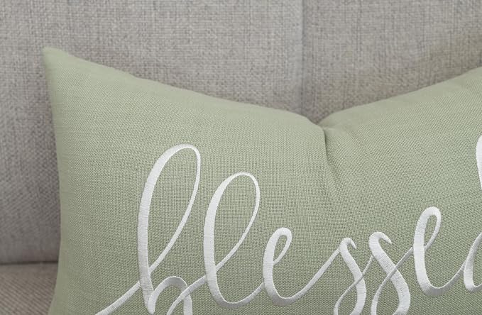 EURASIA DECOR Blessed Embroidered Lumbar Pillow Cover 12x20, Light Green | Raised ivory script on light green; scripture faith gift, cotton, hidden zip, solid back, cover only